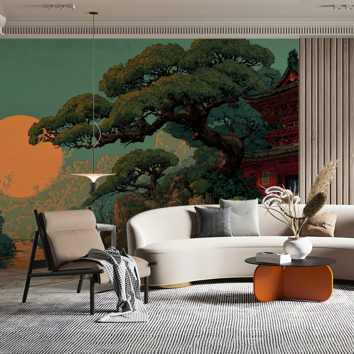 Japanese Temple Pagoda Mural Wallpaper with Sunset Glow Mural Wallpaper - pure wallpaper artwork