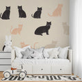 Minimalist Feline Friends Mural Wallpaper — Soft Earthy Tones Mural Wallpaper - pure wallpaper artwork