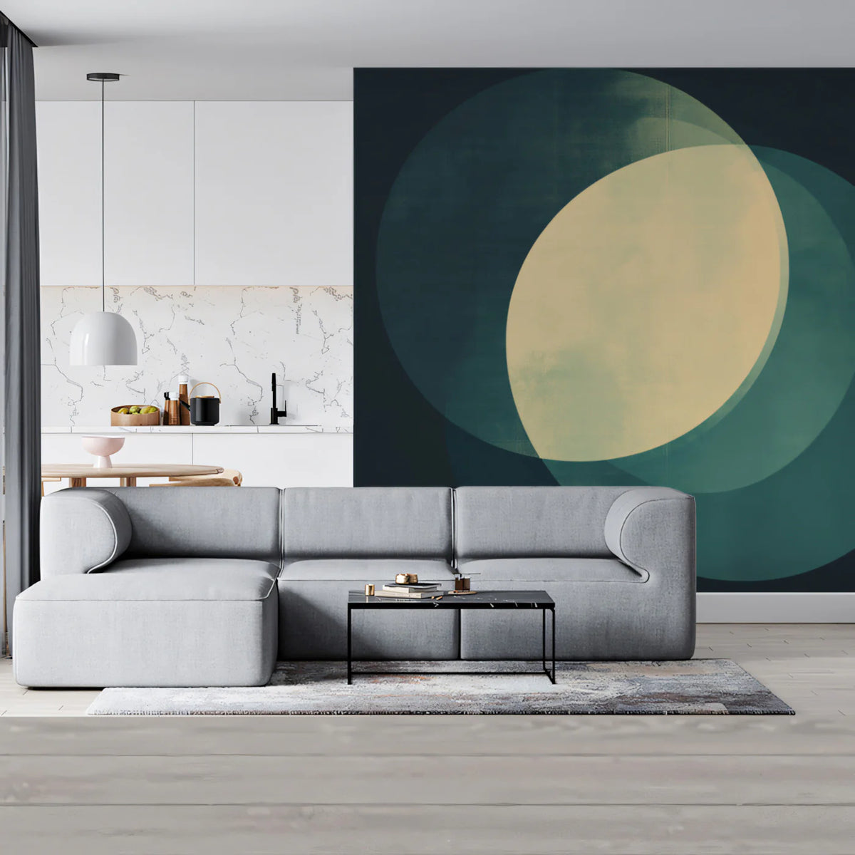 Abstract Intersecting Ovals Mural Wallpaper in Teal and Ochre Mural Wallpaper - pure wallpaper artwork