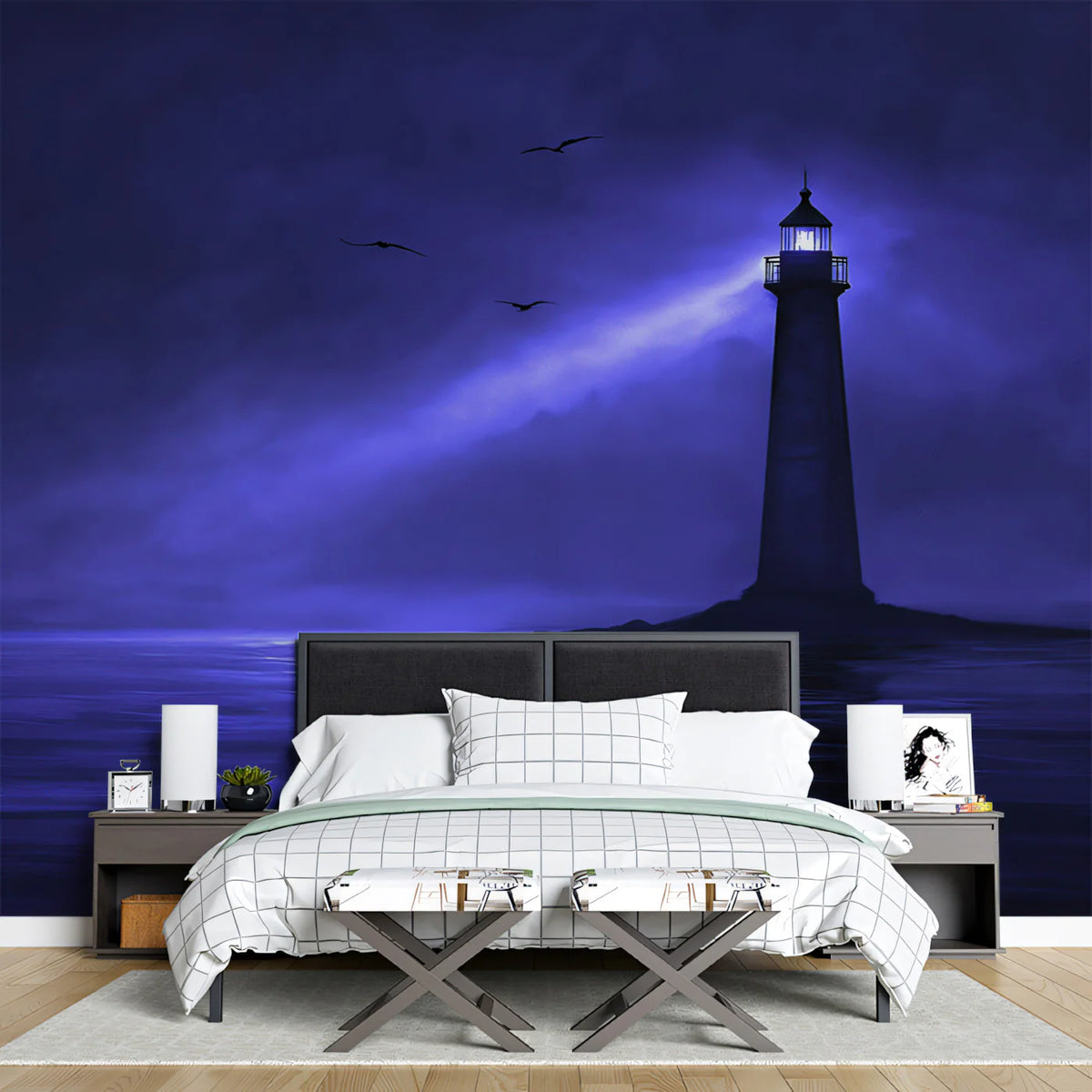 Midnight Lighthouse Mural Wallpaper — Ethereal Coastal Scene Mural Wallpaper - pure wallpaper artwork