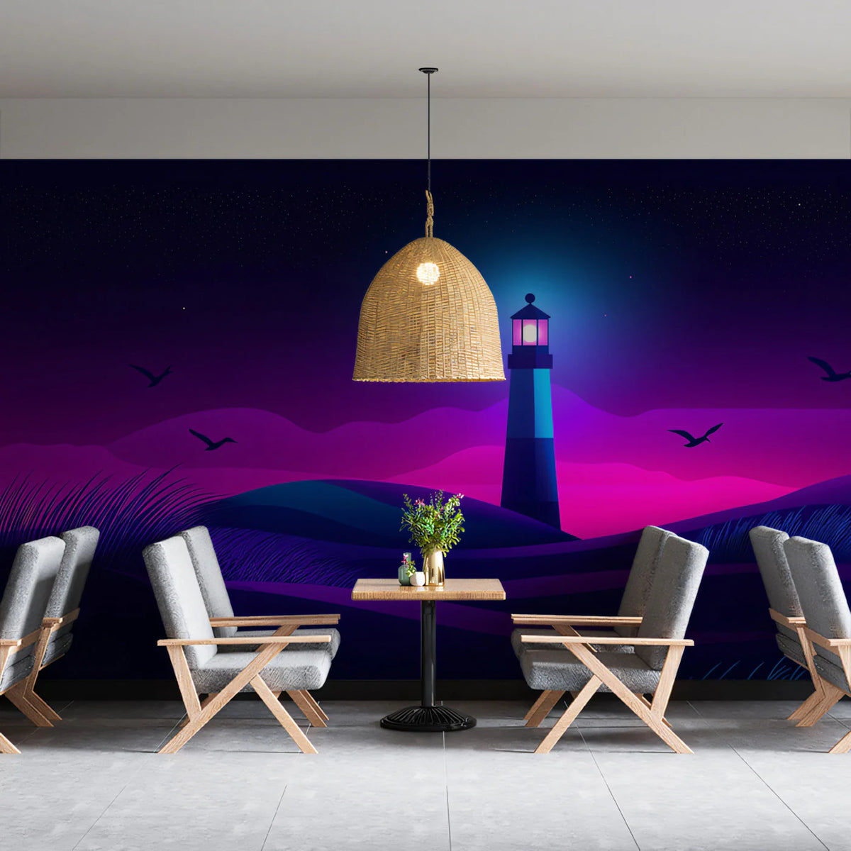 Neon Lighthouse Night Mural Wallpaper — Cinematic Coastal Art Mural Wallpaper - pure wallpaper artwork