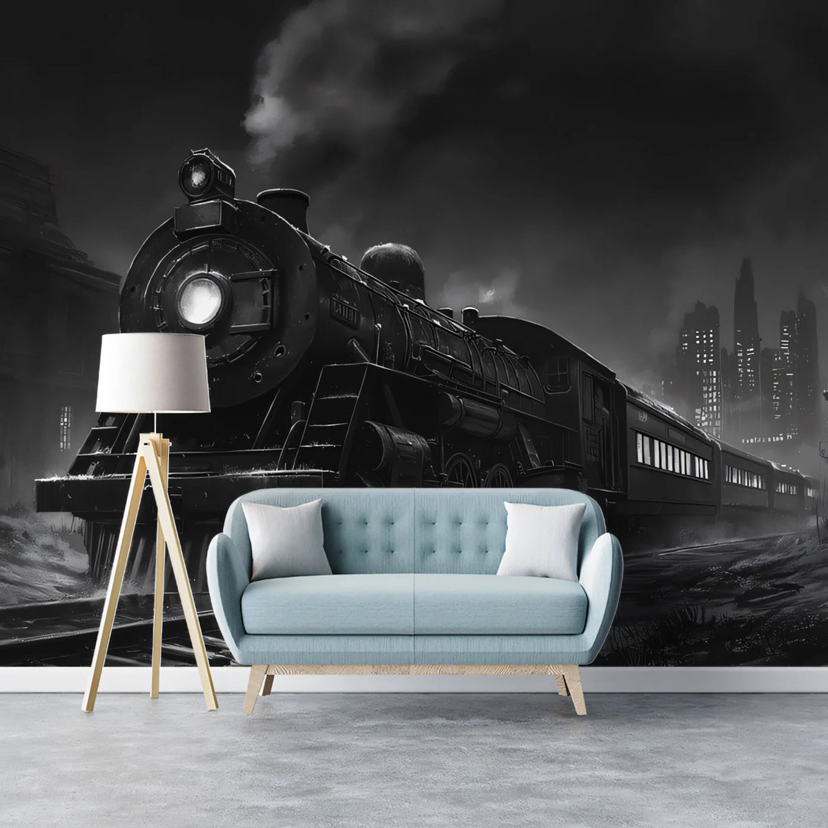 Vintage Steam Train Night Mural Wallpaper — Monochrome City Scene Mural Wallpaper - pure wallpaper artwork