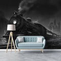 Vintage Steam Train Night Mural Wallpaper — Monochrome City Scene Mural Wallpaper - pure wallpaper artwork