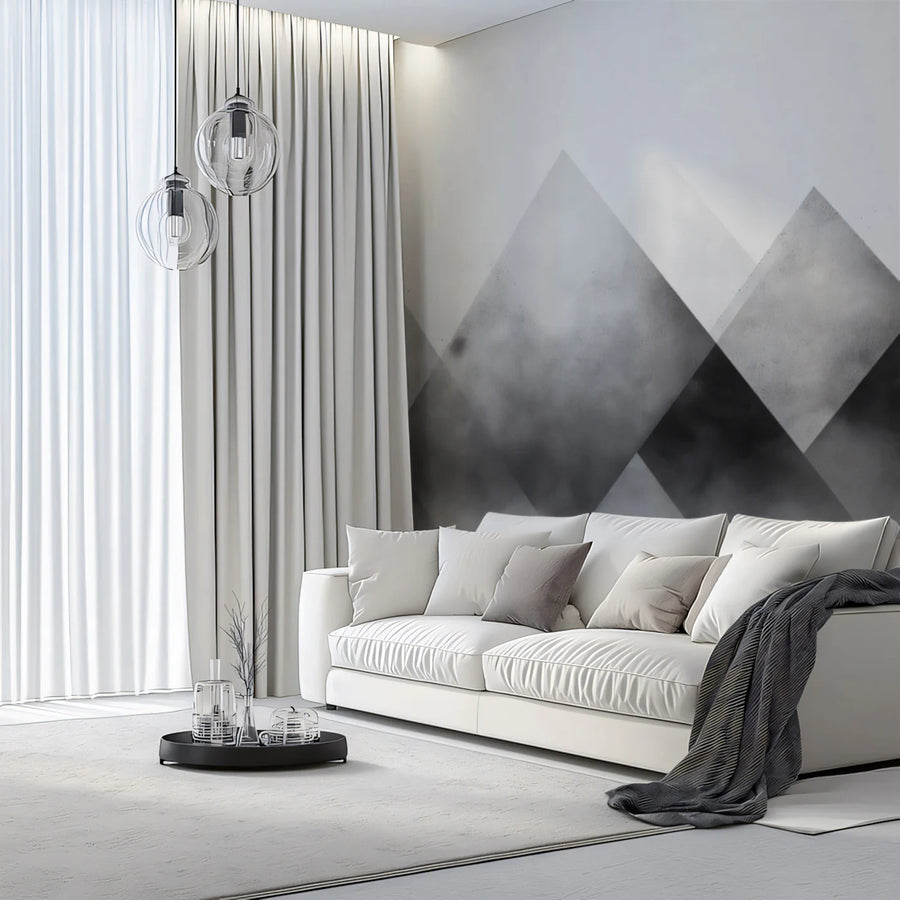 Geometric Misty Mountain Mural Wallpaper — Minimalist Landscape Mural Wallpaper