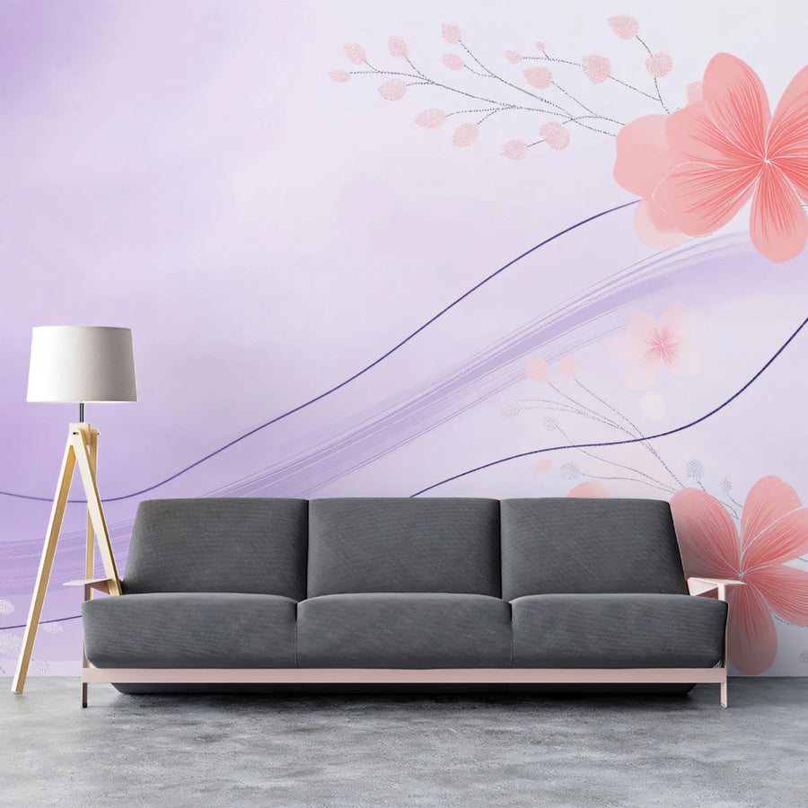 Watercolor Floral Wave Mural Wallpaper — Soft Lavender and Blush Mural Wallpaper