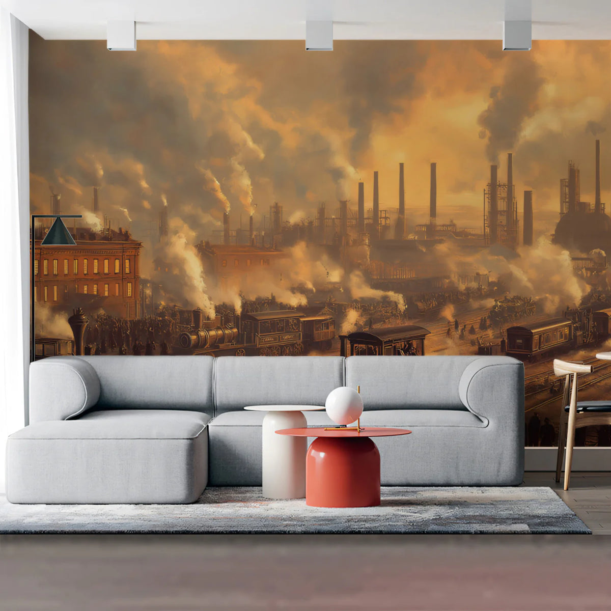 Industrial Steam Era Cityscape Mural Wallpaper — Vintage Sepia Tones Mural Wallpaper - pure wallpaper artwork
