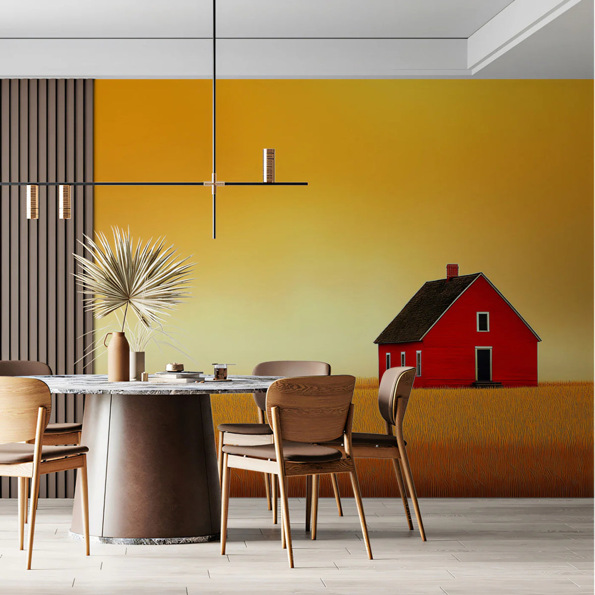Minimalist Red Farmhouse Mural Wallpaper in Golden Fields Mural Wallpaper - pure wallpaper artwork