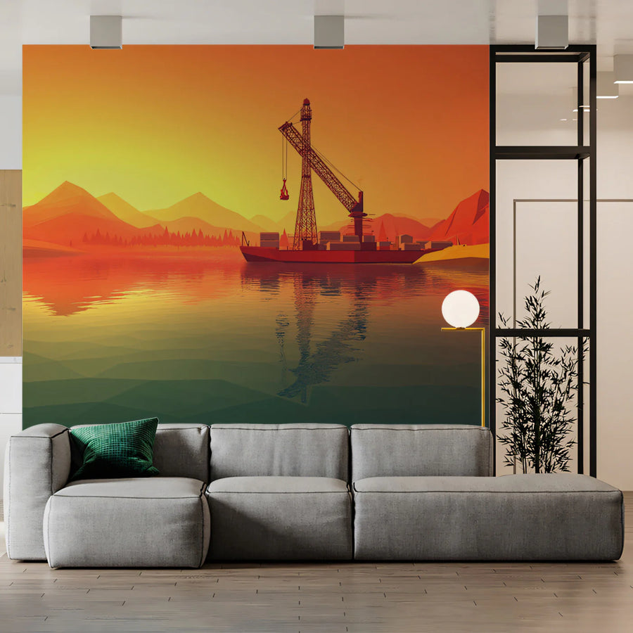 Industrial Port Sunset Mural Wallpaper — Stylized Low-Poly Landscape Mural Wallpaper