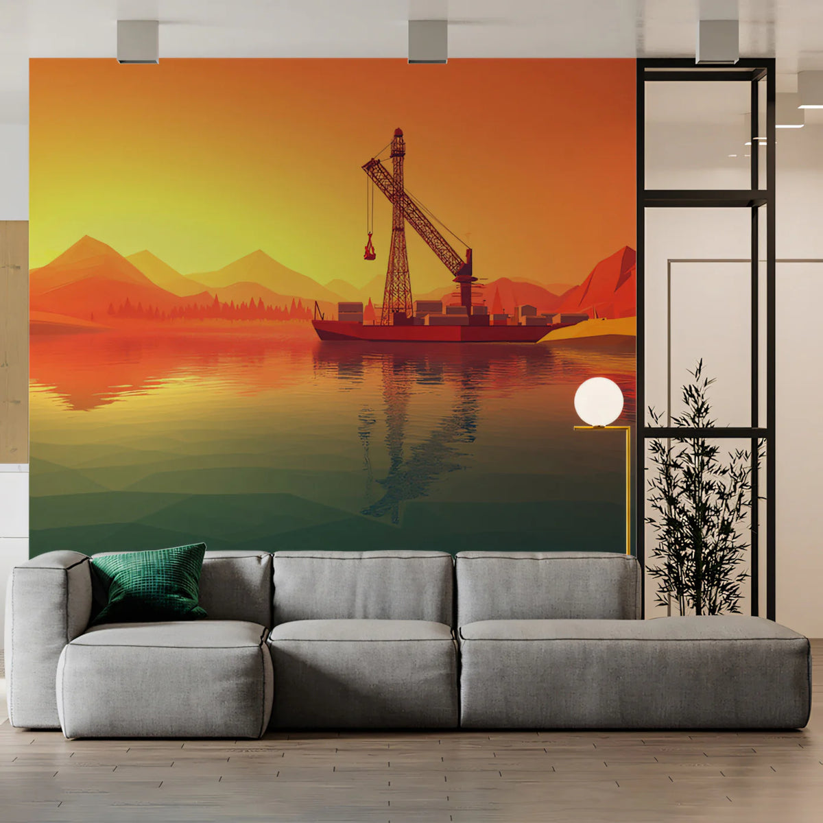 Industrial Port Sunset Mural Wallpaper — Stylized Low-Poly Landscape Mural Wallpaper - pure wallpaper artwork
