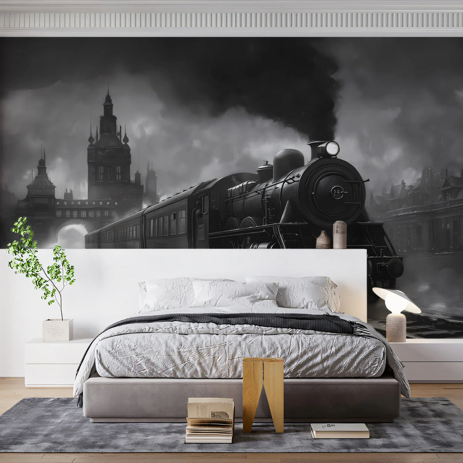 Vintage Steam Train Mural Wallpaper — Moody Industrial Landscape Mural Wallpaper