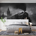 Vintage Steam Train Mural Wallpaper — Moody Industrial Landscape Mural Wallpaper - pure wallpaper artwork