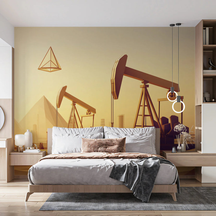 Industrial Desert Oil Rig Mural Wallpaper — Minimalist Low Poly Art Mural Wallpaper