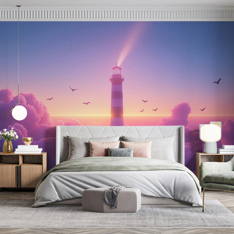 Lighthouse Above Clouds Mural Wallpaper — Dreamy Coastal Sunset Mural Wallpaper