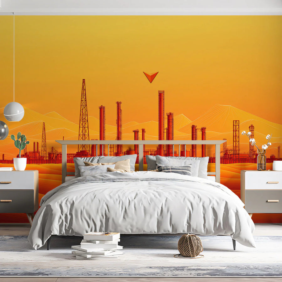 Industrial Desertscape Mural Wallpaper — Warm Sunset Horizon Mural Wallpaper
