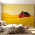 Stylized Red House in Golden Field Mural Wallpaper — Minimalist Decor Mural Wallpaper - pure wallpaper artwork