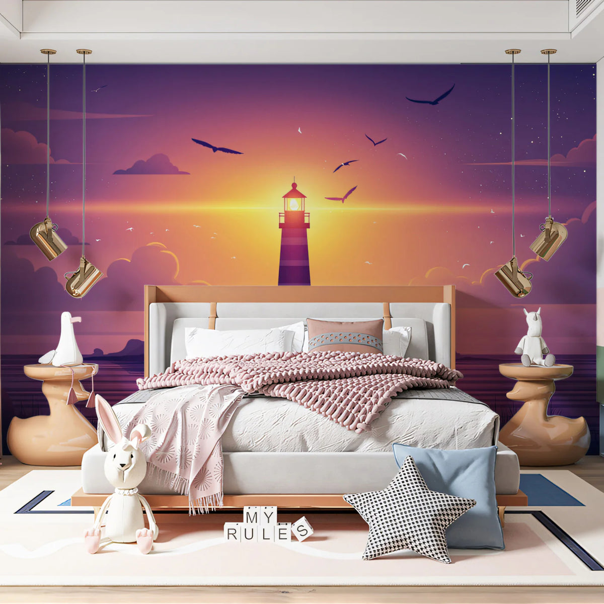 Coastal Lighthouse Sunset Mural Wallpaper — Dreamy Horizon Scene Mural Wallpaper - pure wallpaper artwork