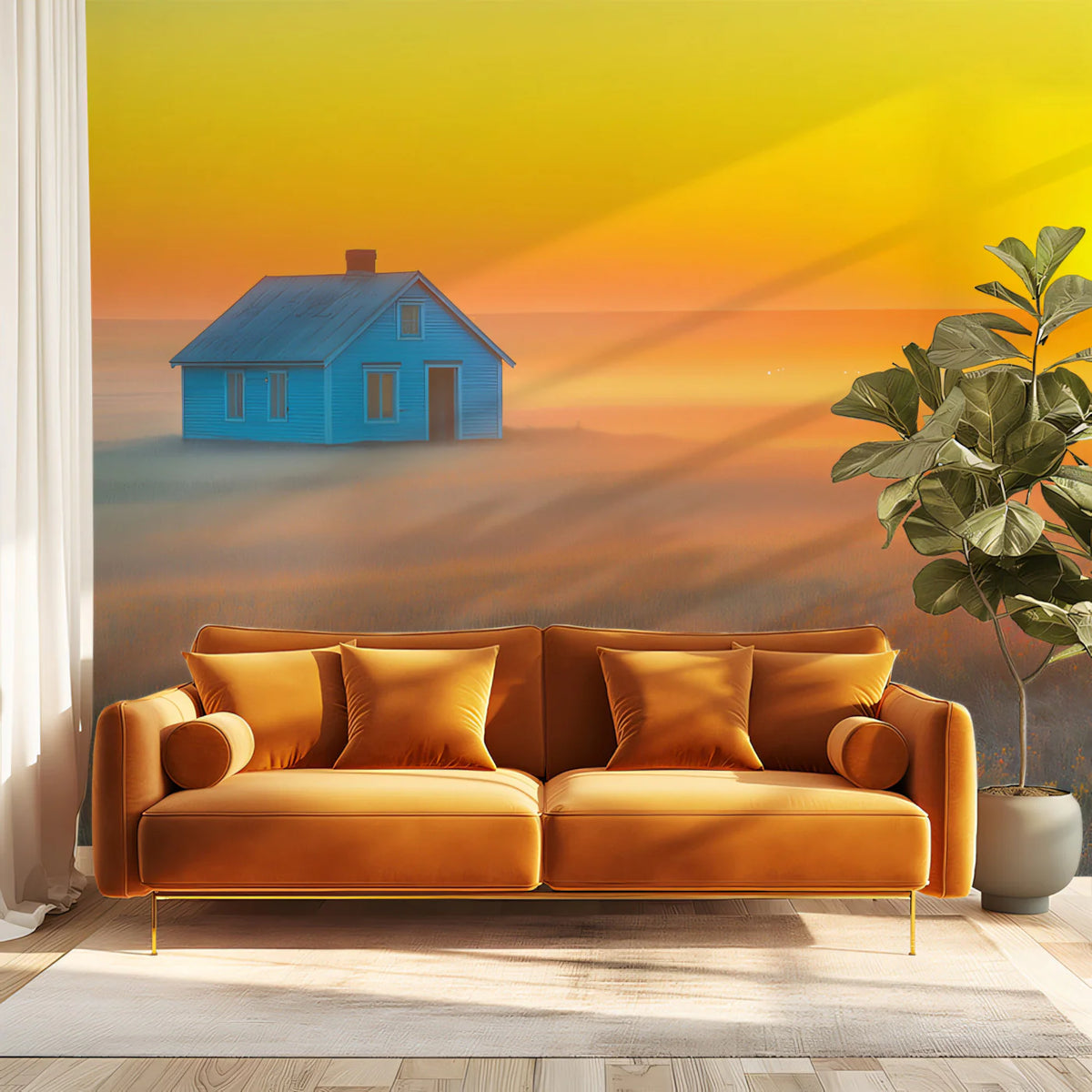 Lone House in Misty Sunset Fields Mural Wallpaper — Cinematic Landscape Mural Wallpaper - pure wallpaper artwork