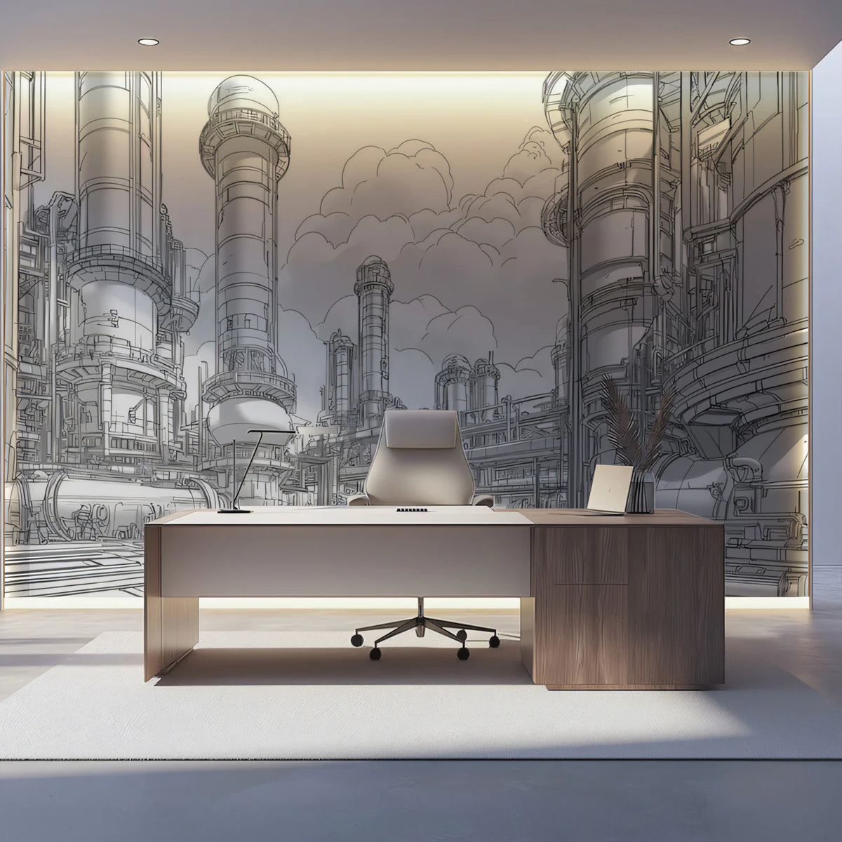 Industrial Factory Sketch Mural Wallpaper — Modern Architectural Line Art Mural Wallpaper - pure wallpaper artwork