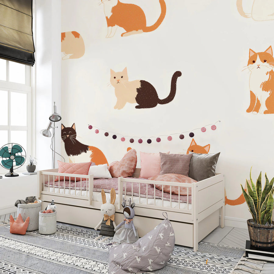 Illustrated Cat Friends Mural Wallpaper — Whimsical Home Decor Mural Wallpaper