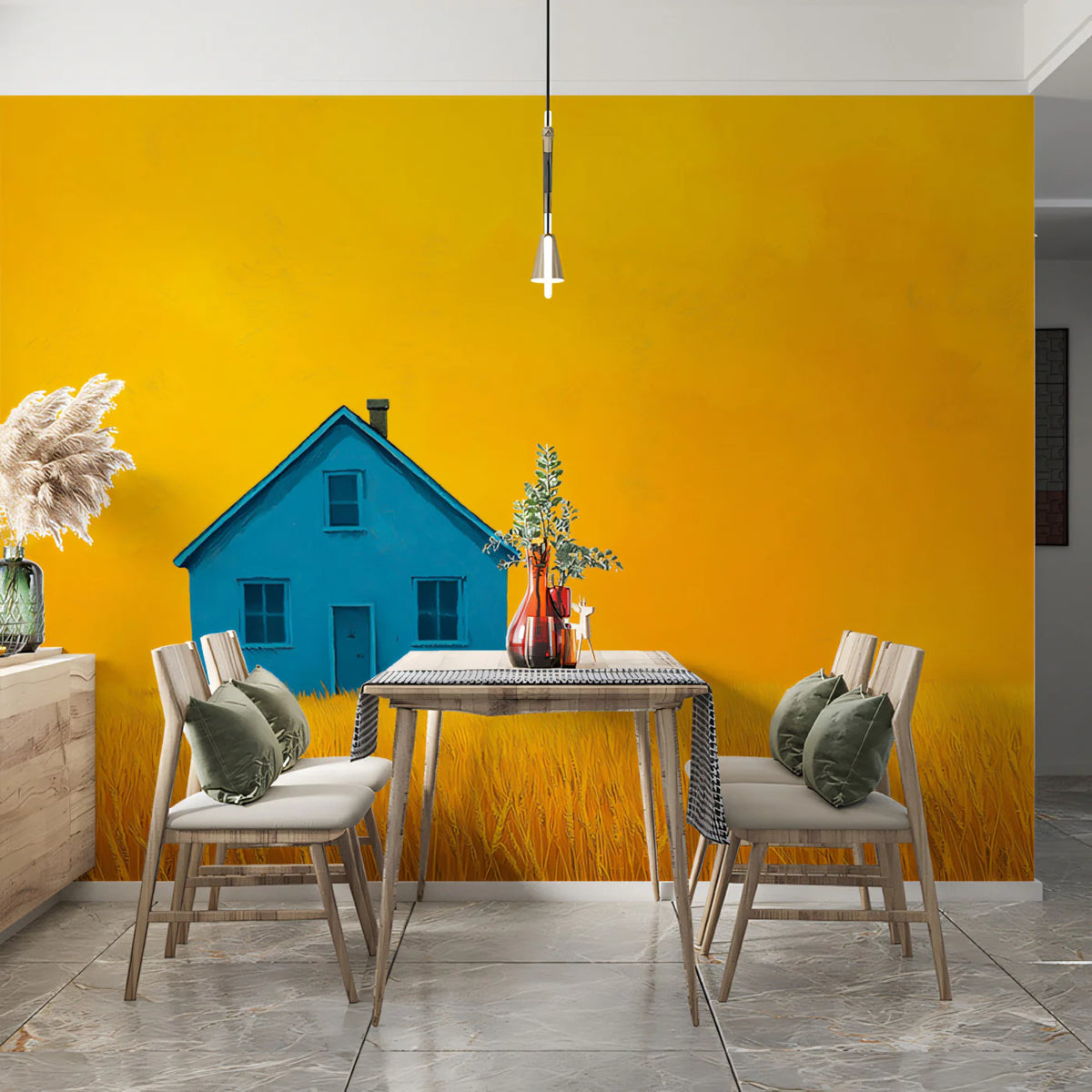 Blue House in Golden Field Mural Wallpaper — Minimalist Landscape Mural Wallpaper - pure wallpaper artwork