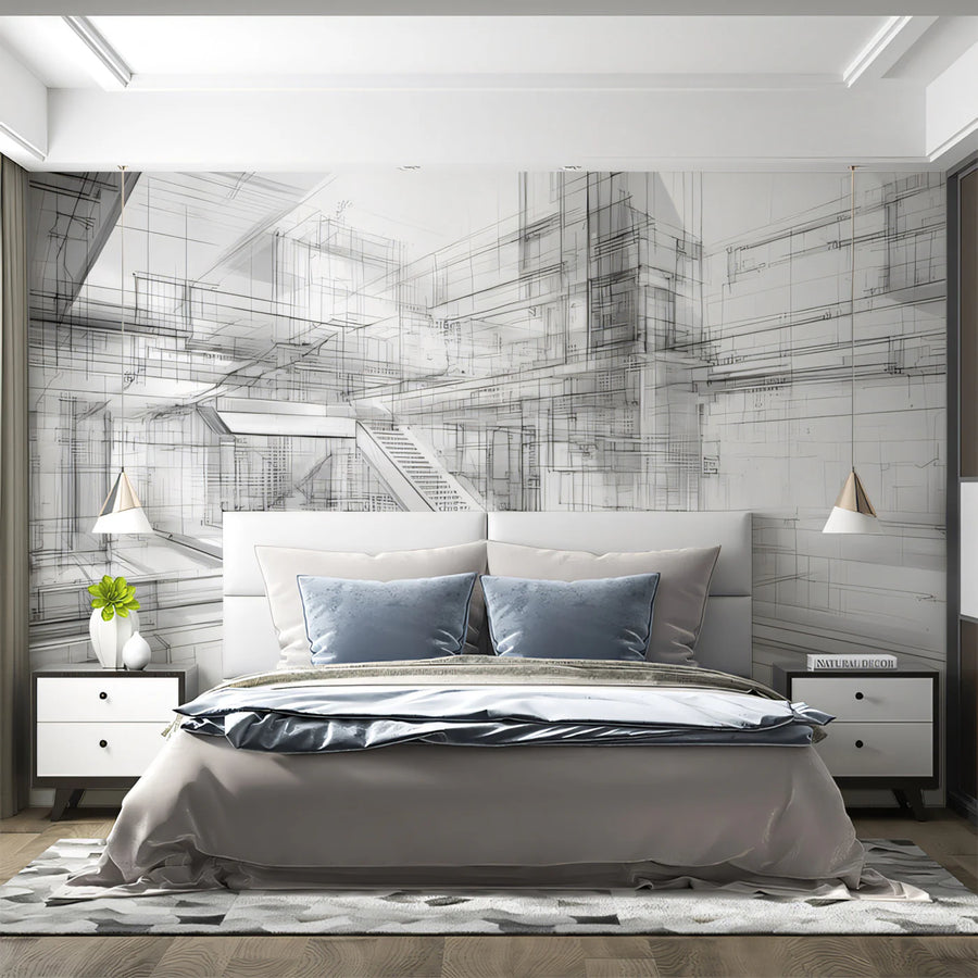 Architectural Sketch Mural Wallpaper — Modern Monochrome Blueprint Mural Wallpaper