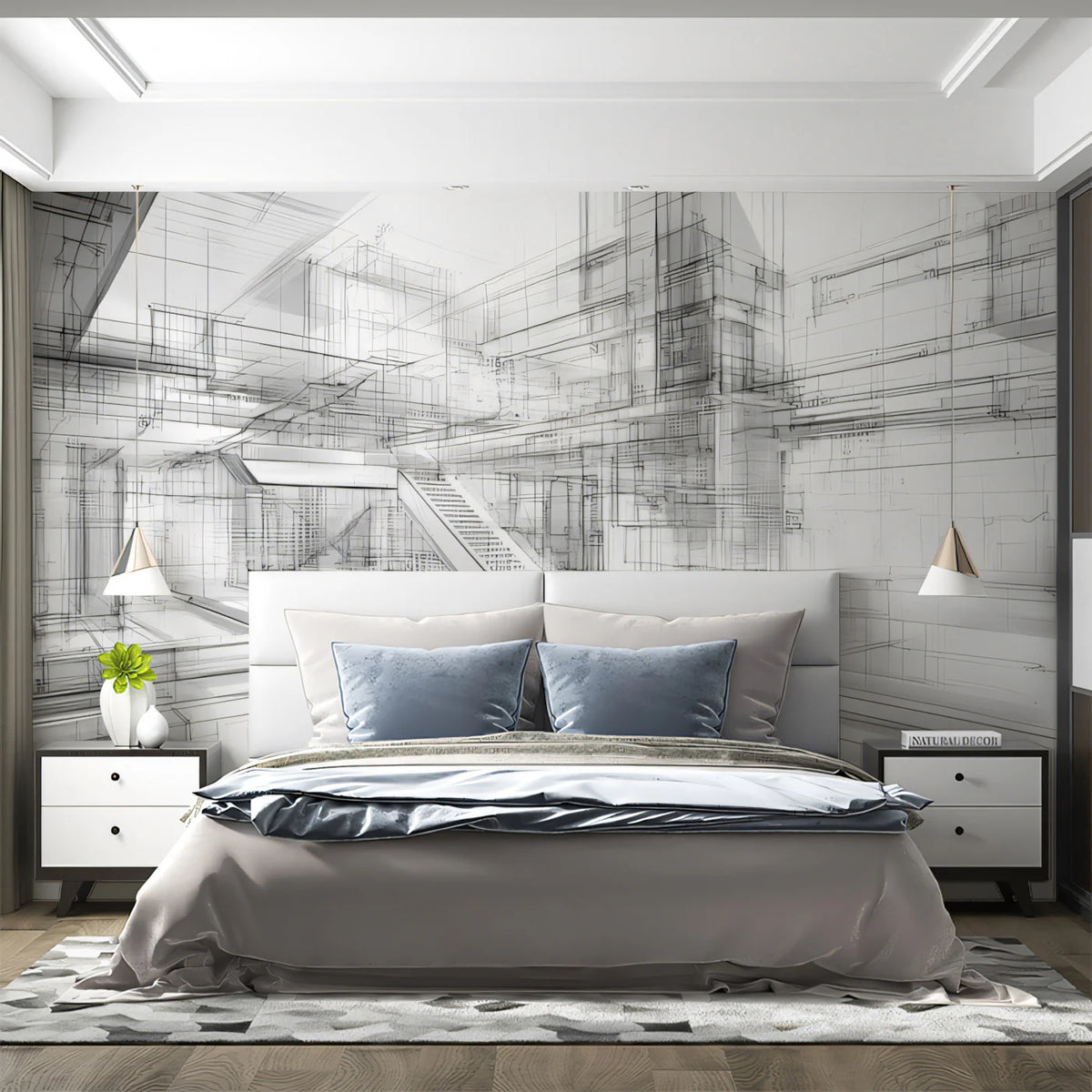 Architectural Sketch Mural Wallpaper — Modern Monochrome Blueprint Mural Wallpaper - pure wallpaper artwork