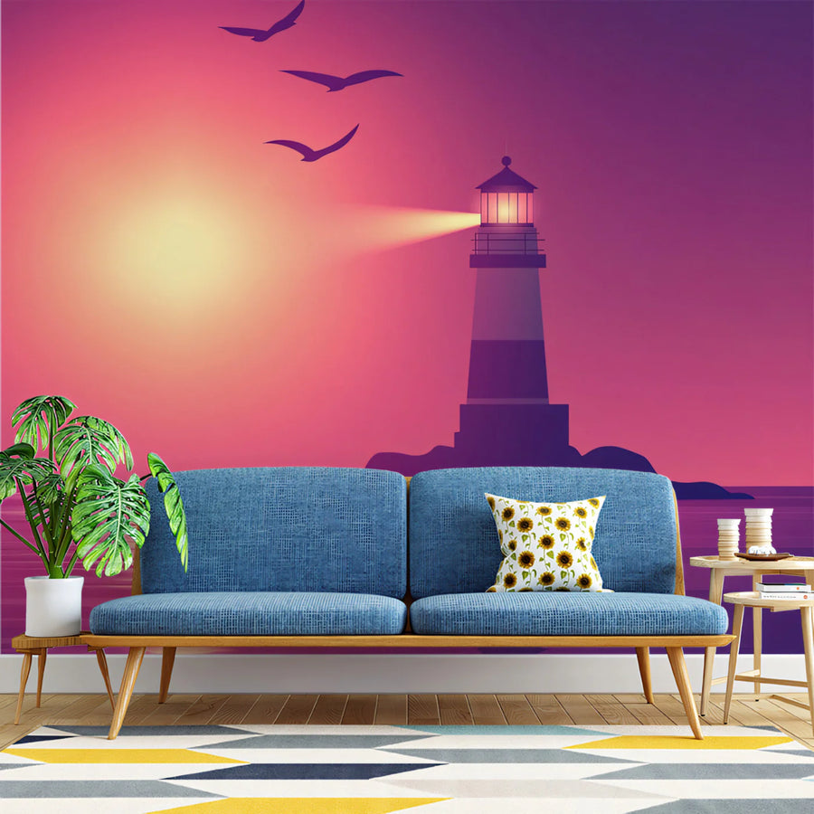 Coastal Lighthouse Sunset Mural Wallpaper — Dreamy Gradient Art Mural Wallpaper