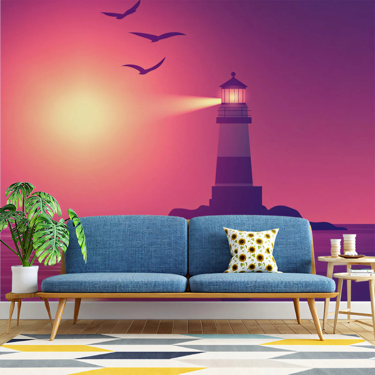 Coastal Lighthouse Sunset Mural Wallpaper — Dreamy Gradient Art Mural Wallpaper - pure wallpaper artwork