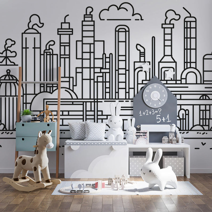 Industrial Factory Skyline Mural Wallpaper — Linear Urban Art Mural Wallpaper