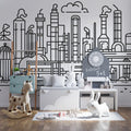 Industrial Factory Skyline Mural Wallpaper — Linear Urban Art Mural Wallpaper - pure wallpaper artwork