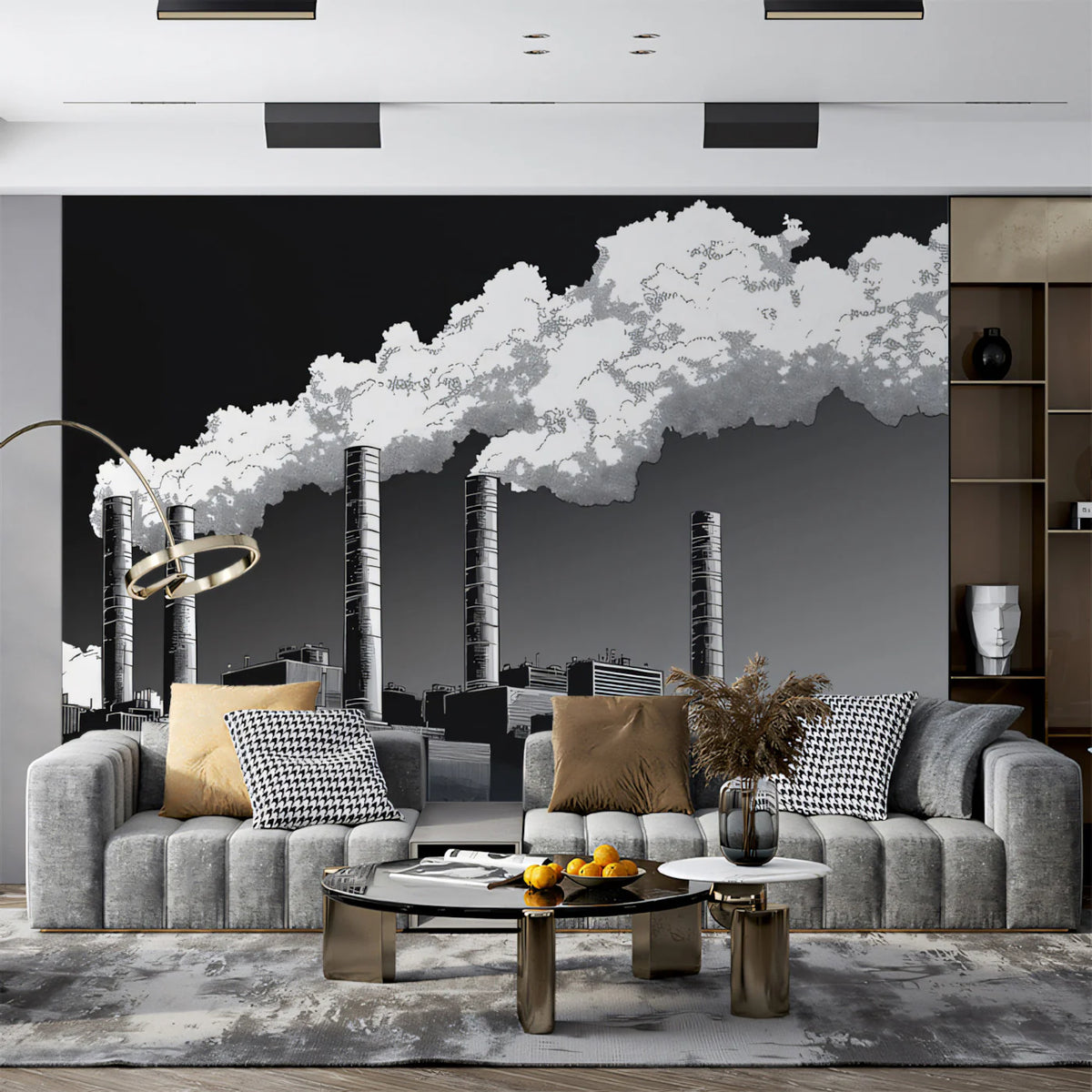 Industrial Factory Mural Wallpaper — Etched Monochrome Cityscape Mural Wallpaper - pure wallpaper artwork