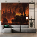 Industrial Steam Train Mural Wallpaper — Dramatic Urban Sunset Mural Wallpaper - pure wallpaper artwork