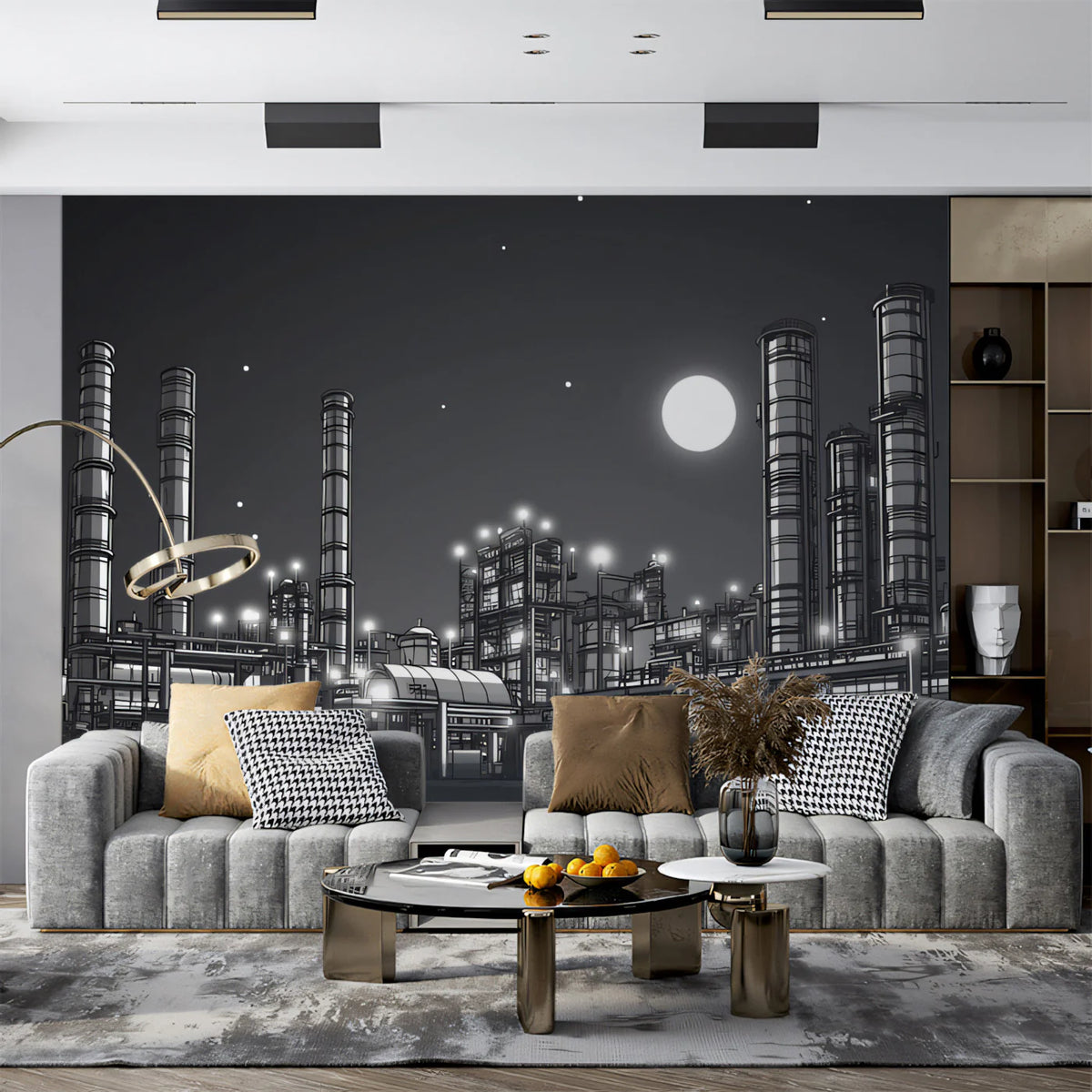 Industrial Nightscape Mural Wallpaper — Monochrome Factory Scene Mural Wallpaper - pure wallpaper artwork