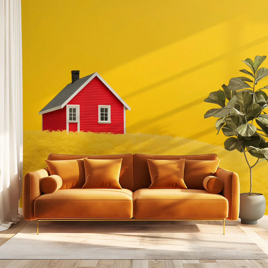 Minimalist Red House on Golden Hill Mural Wallpaper