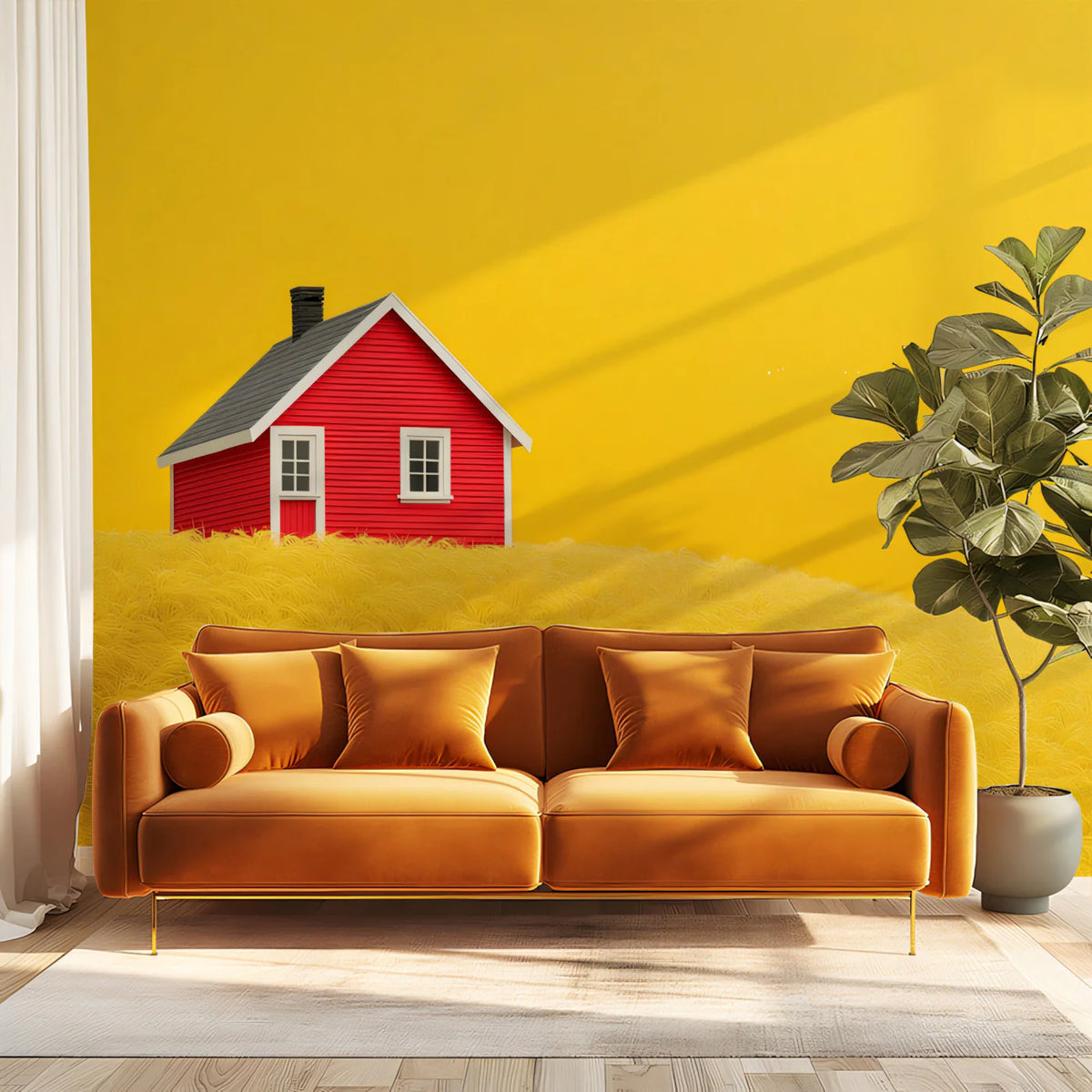 Minimalist Red House on Golden Hill Mural Wallpaper - pure wallpaper artwork
