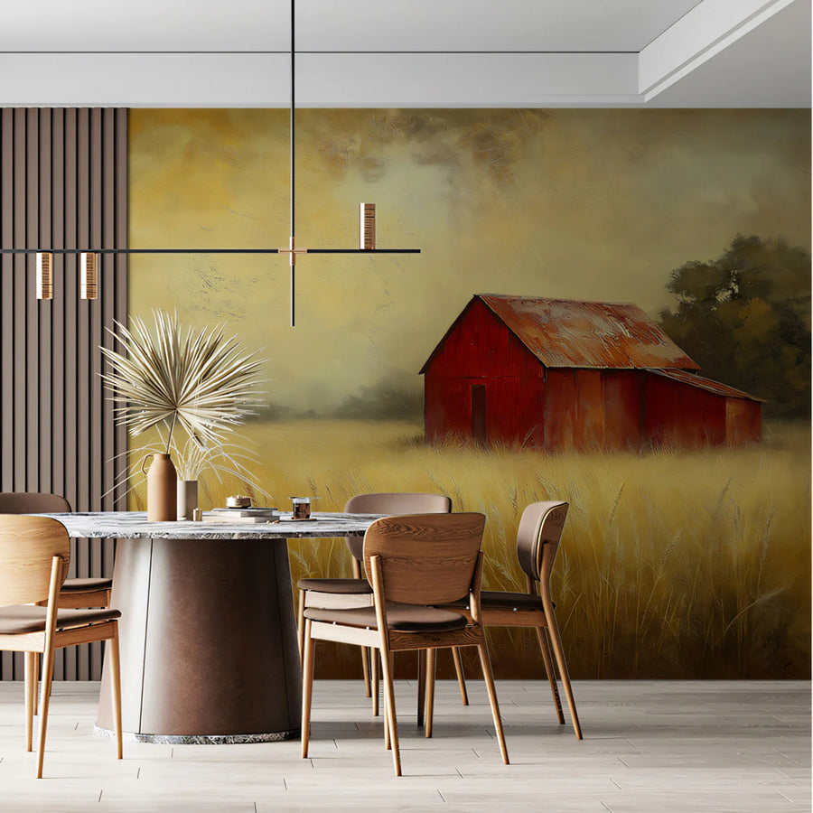 Rustic Red Barn Mural Wallpaper — Impressionistic Farm Landscape Mural Wallpaper