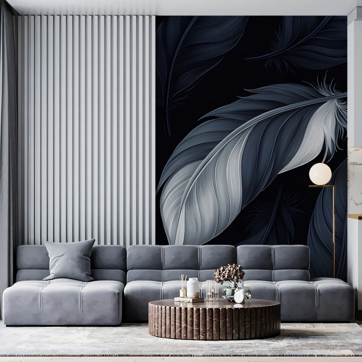 Floating Monochrome Feather Mural Wallpaper — Moody Artistic Pattern Mural Wallpaper - pure wallpaper artwork
