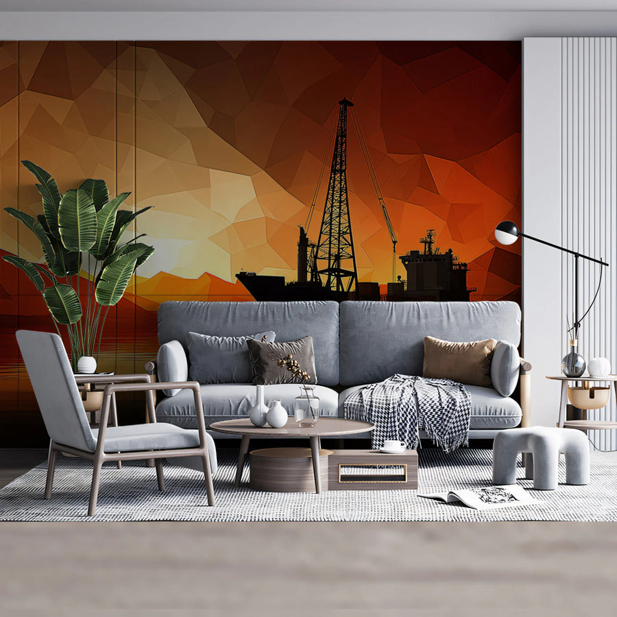 Industrial Sunset Harbor Mural Wallpaper — Low Poly Cargo Scene Mural Wallpaper