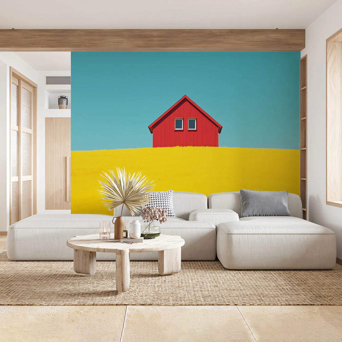 Minimalist Red House in Yellow Field Mural Wallpaper Vibrant Architectural Landscape Mural Wallpaper - pure wallpaper artwork