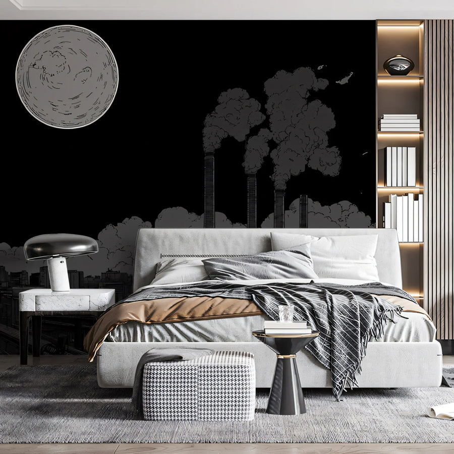 Industrial Nightscape Mural Wallpaper — Stark Lunar Skyline Mural Wallpaper
