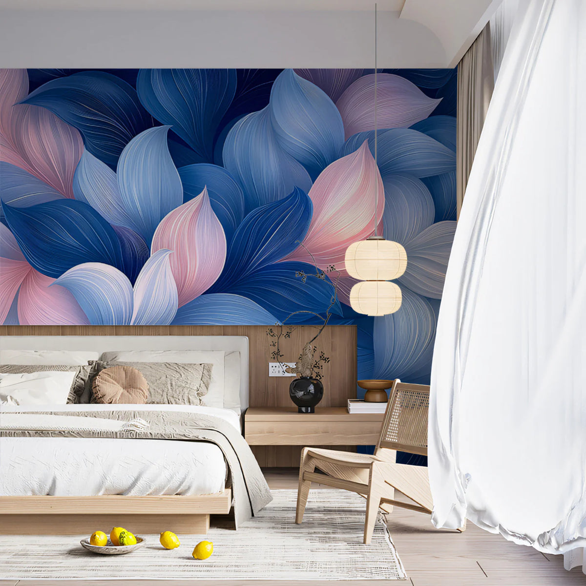 Abstract Petal Layers Mural Wallpaper — Soft Blue and Pink Bloom Mural Wallpaper - pure wallpaper artwork