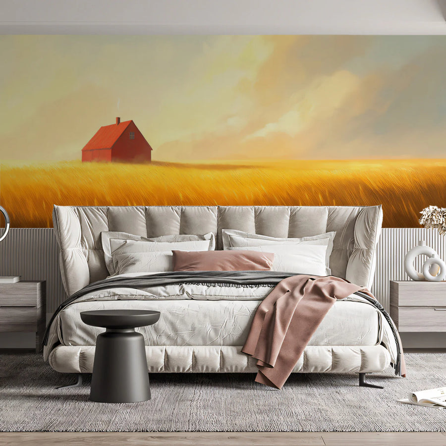 Golden Field House Mural Wallpaper — Ethereal Impressionist Decor Mural Wallpaper