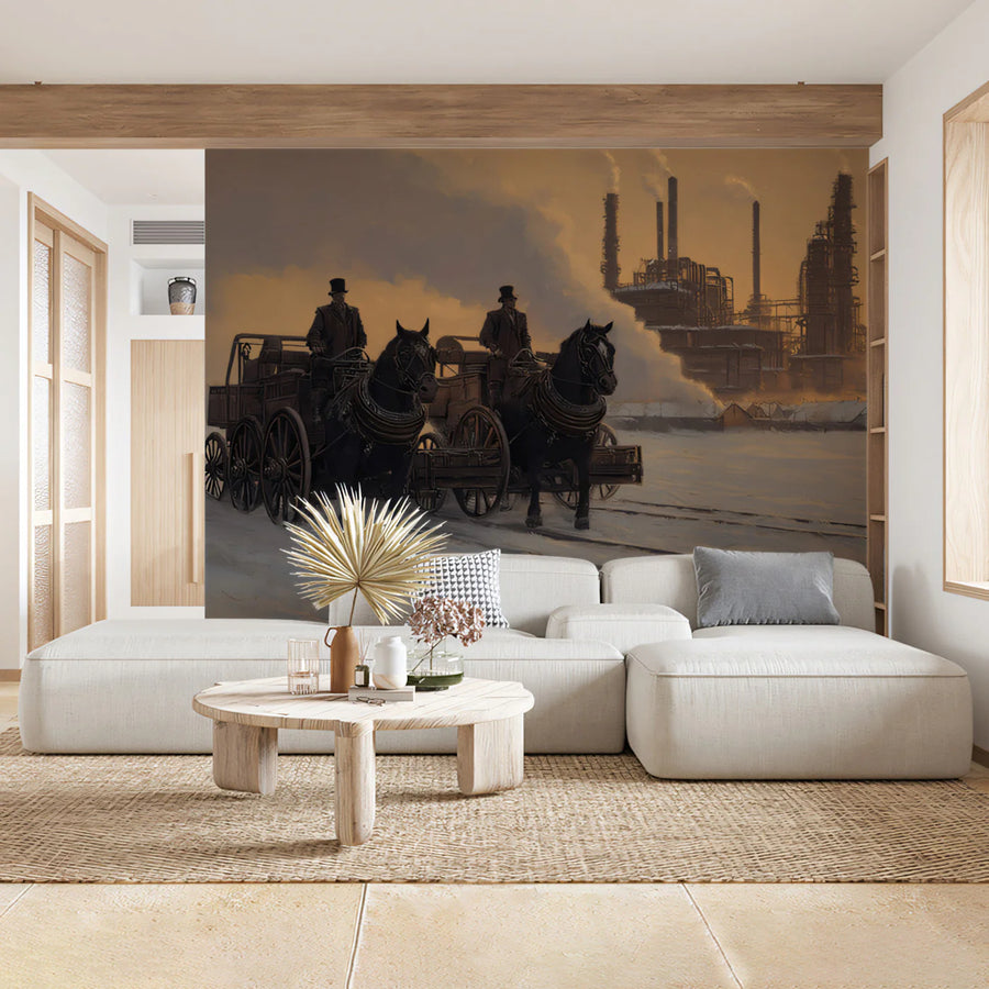 Industrial Snow Scene Mural Wallpaper — Vintage Oil Painting Style Mural Wallpaper
