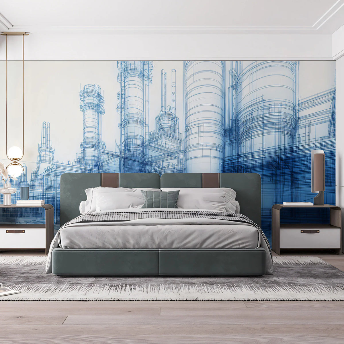 Industrial Blueprint Mural Wallpaper — Architectural Line Art Mural Wallpaper - pure wallpaper artwork
