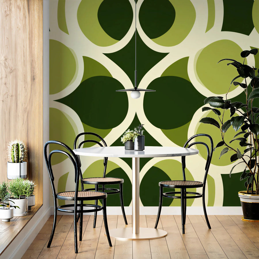 Retro Geometric Circle Mural Wallpaper — Olive and Forest Green Mural Wallpaper