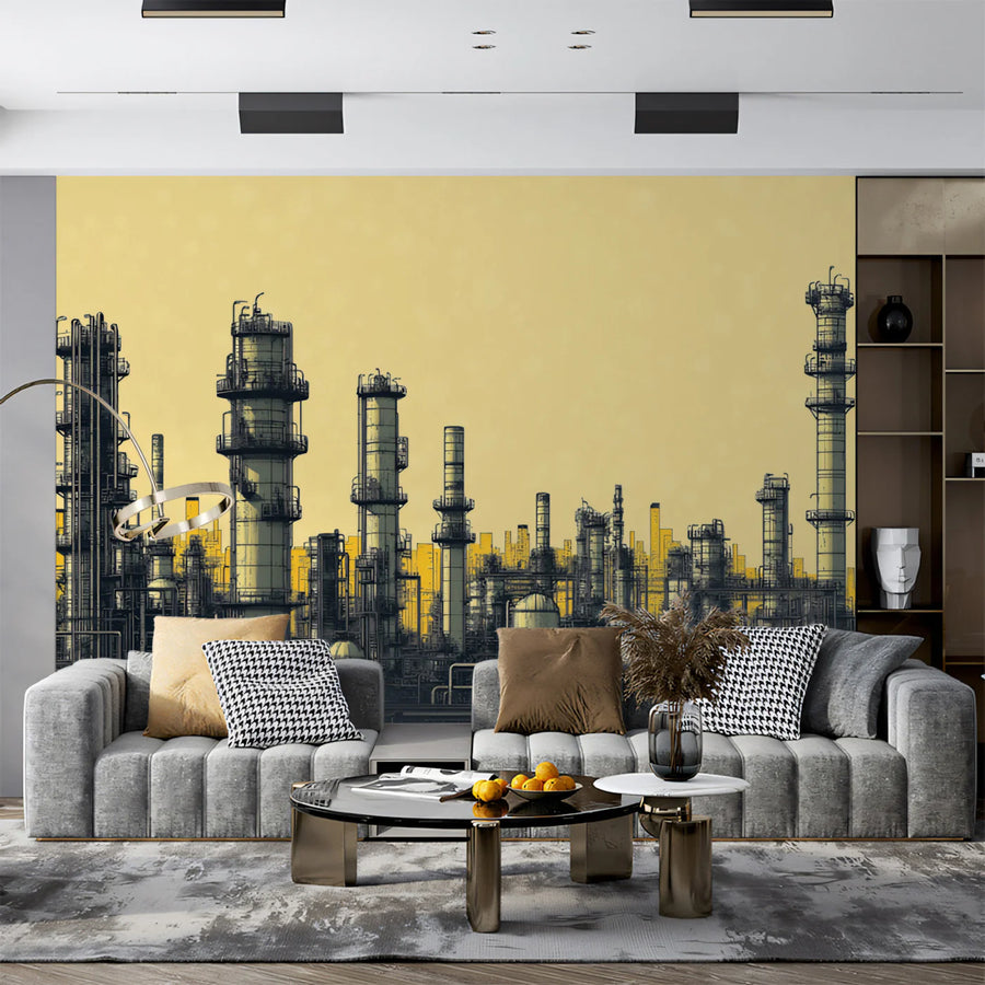 Industrial Factory Horizon Mural Wallpaper — Urban Silhouette Mural Wallpaper