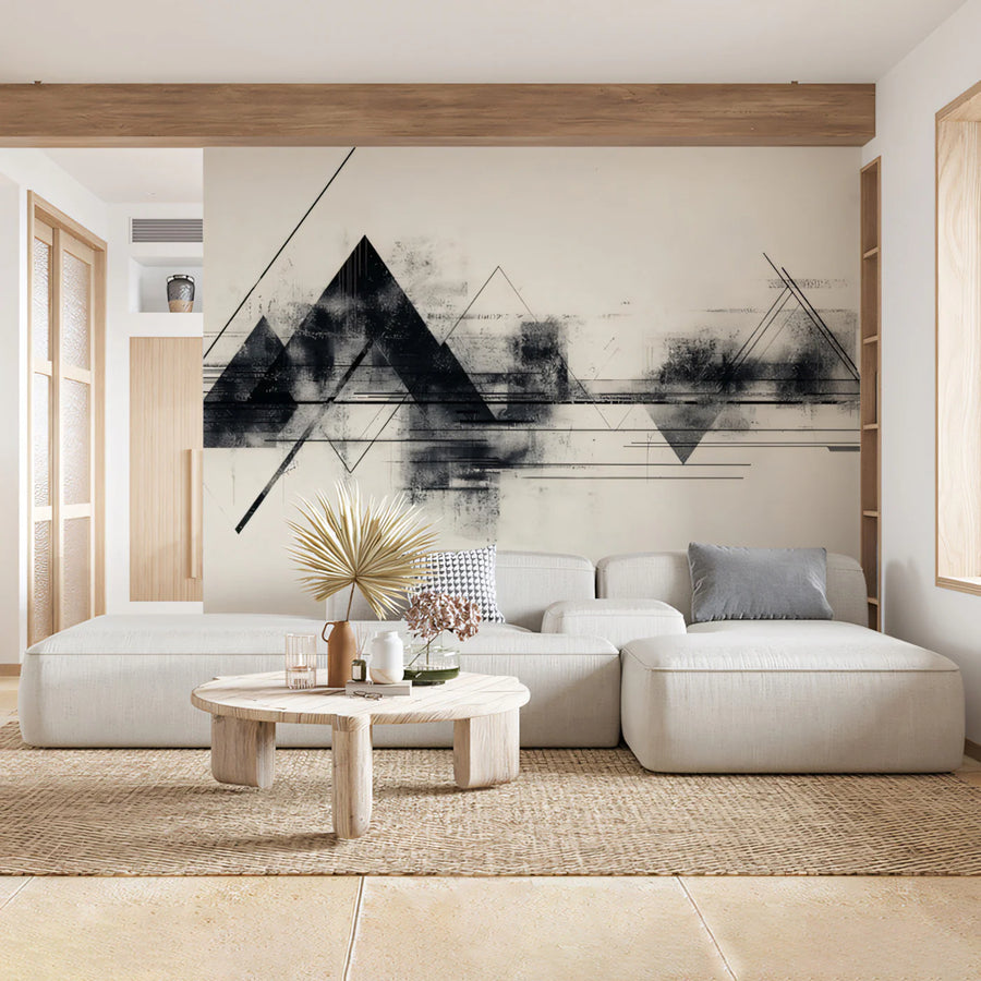 Abstract Geometric Mountain Mural Wallpaper — Minimalist Ink Landscape Mural Wallpaper