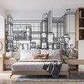 Industrial Blueprint Line Art Mural Wallpaper — Minimalist Factory Mural Wallpaper - pure wallpaper artwork