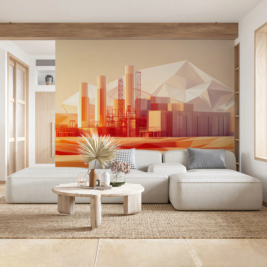 Geometric Industrial Landscape Mural Wallpaper — Warm Sunset Hues Mural Wallpaper