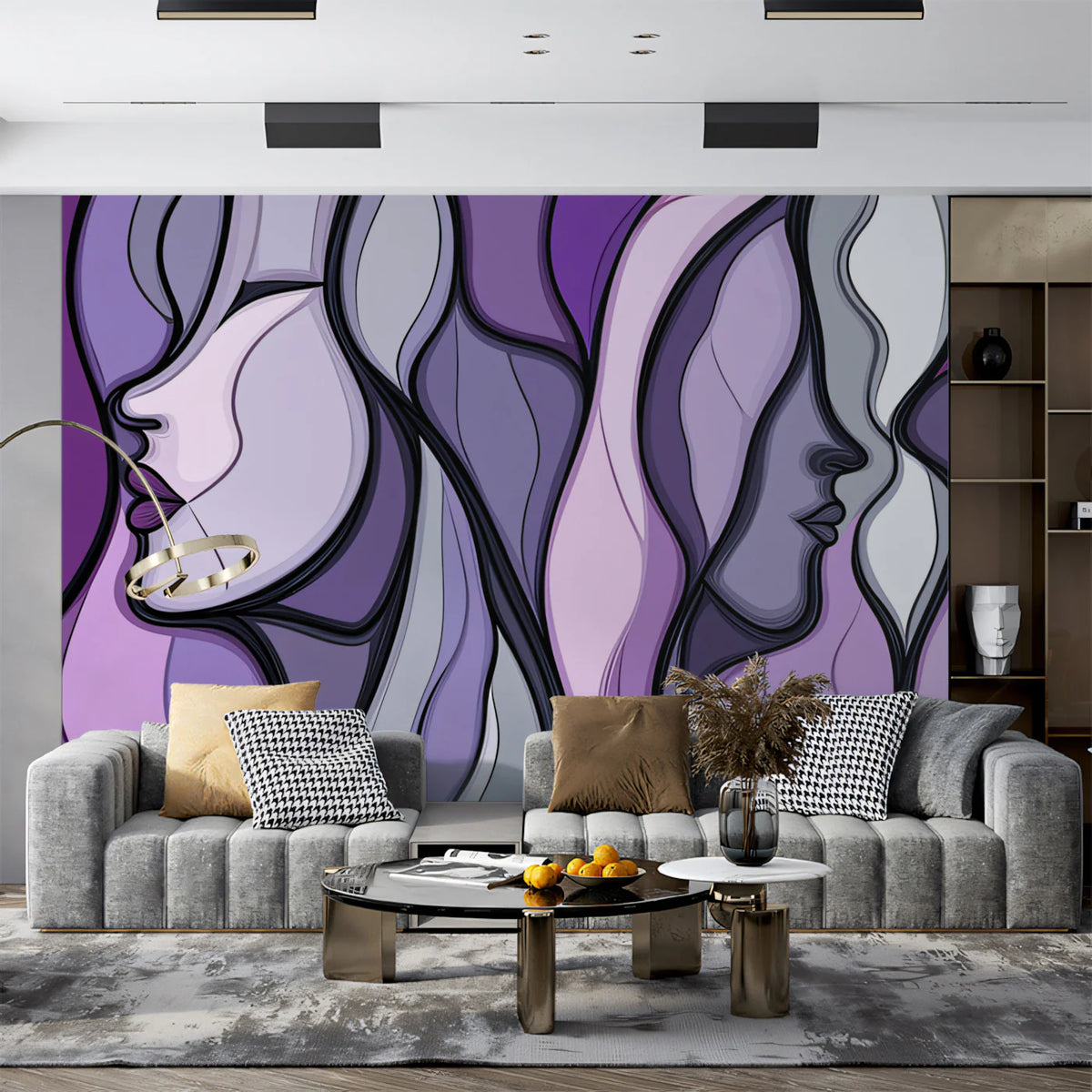 Abstract Figurative Mural Wallpaper in Fluid Lavender and Gray Mural Wallpaper - pure wallpaper artwork